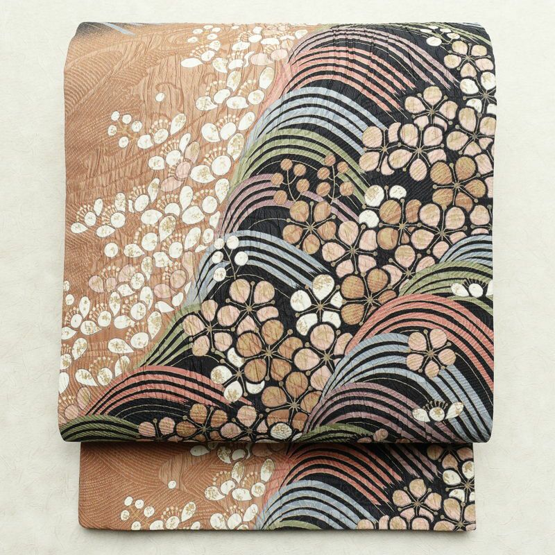 袋帯 全通柄 良品 フォーマル用 正絹 流水・波柄 帯 花柄 多色使い_画像1