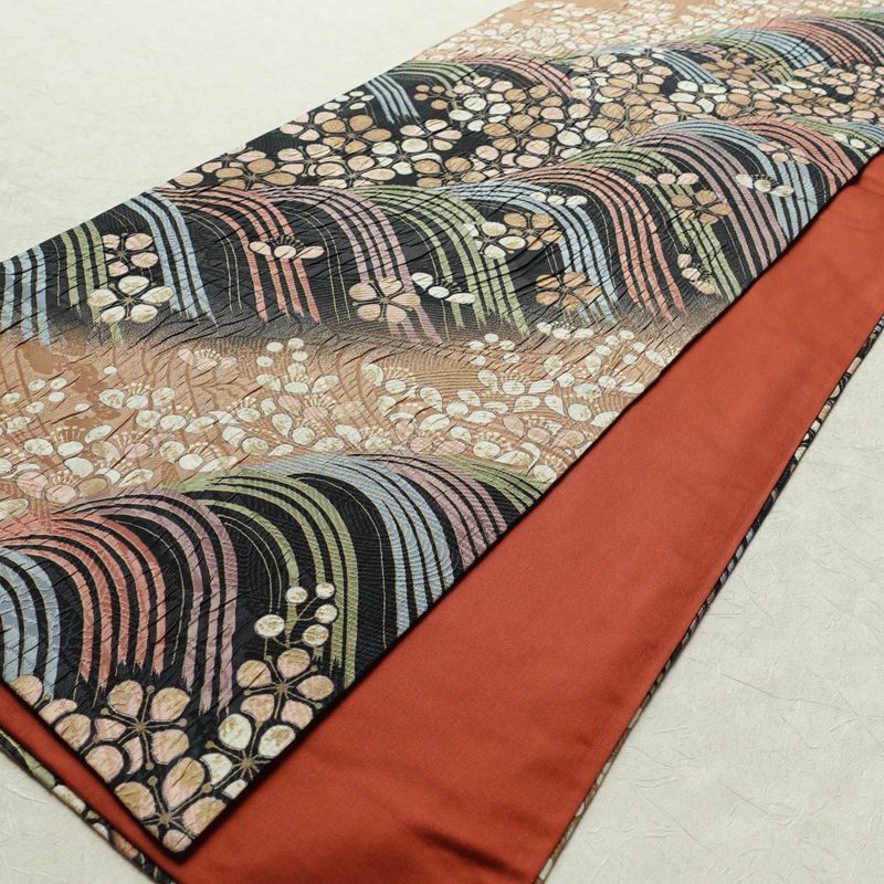 袋帯 全通柄 良品 フォーマル用 正絹 流水・波柄 帯 花柄 多色使い_画像10