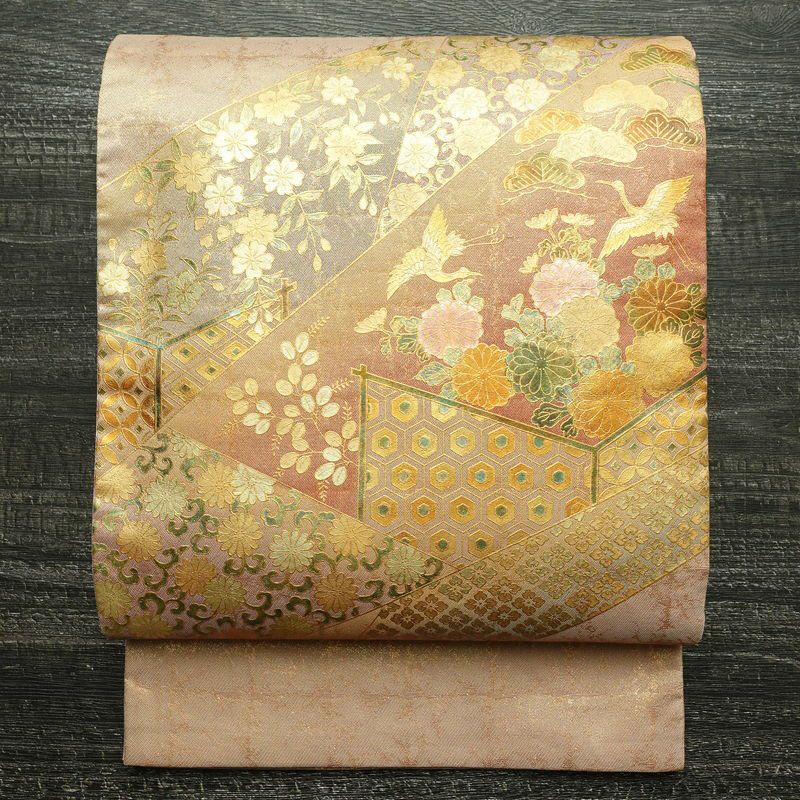 袋帯 太鼓柄 フォーマル用 正絹 古典柄 箔 金彩 帯 ピンク_画像1