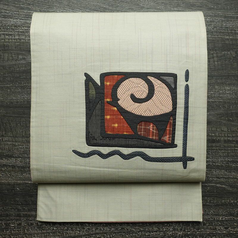 袋帯 太鼓柄 一般用 正絹 幾何学柄・抽象柄 刺繍 帯 グレー_画像1