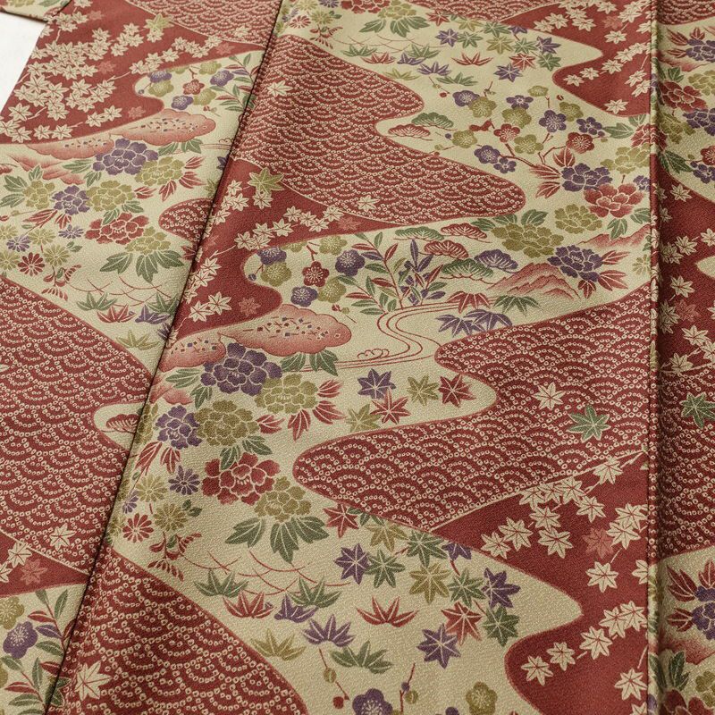 小紋 美品 しつけ糸付き 総柄 ポリエステル 古典柄 袷仕立て 身丈175.5cm 裄丈72cm 着物 小豆・エンジ_画像5