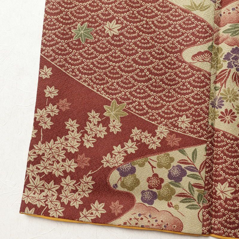小紋 美品 しつけ糸付き 総柄 ポリエステル 古典柄 袷仕立て 身丈175.5cm 裄丈72cm 着物 小豆・エンジ_画像11