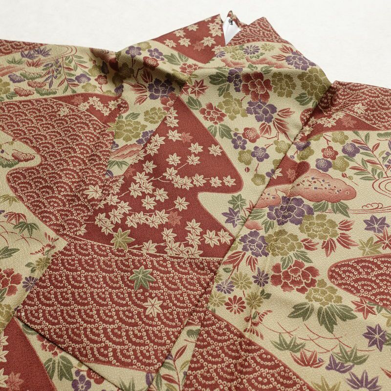 小紋 美品 しつけ糸付き 総柄 ポリエステル 古典柄 袷仕立て 身丈175.5cm 裄丈72cm 着物 小豆・エンジ_画像15