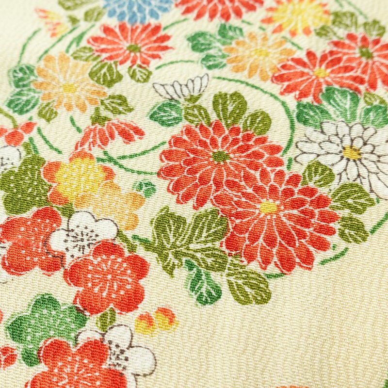 小紋 縮緬 総柄 正絹 花柄 袷仕立て 身丈166cm 裄丈65.5cm 一部しつけ糸付き 着物 クリーム_画像7