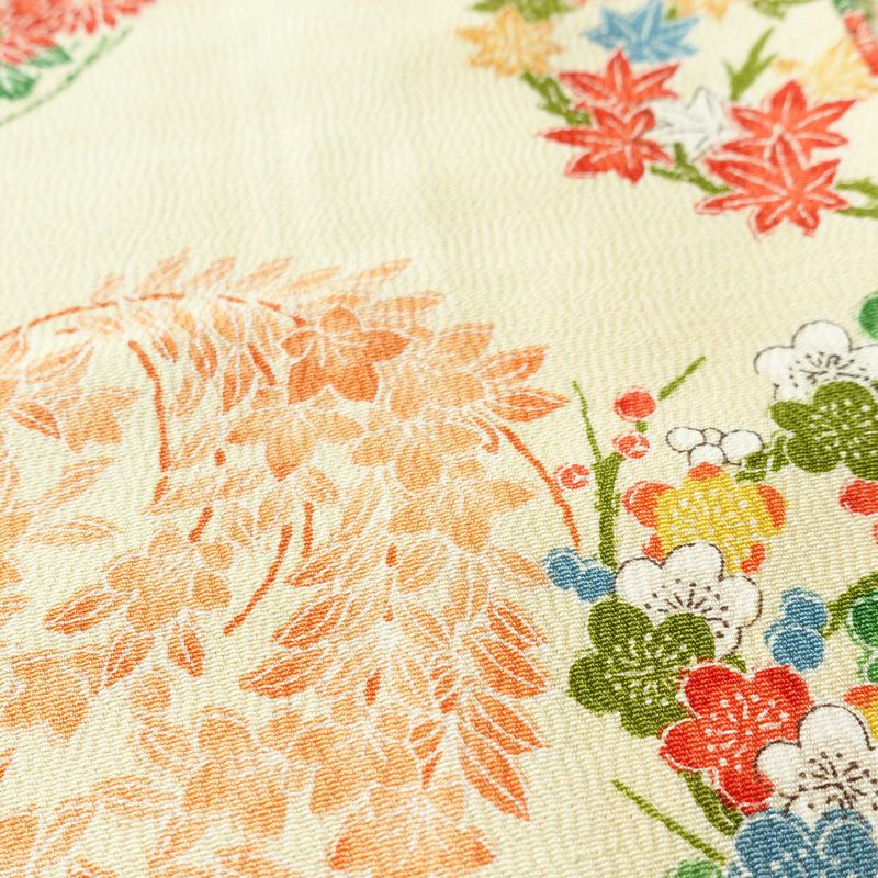 小紋 縮緬 総柄 正絹 花柄 袷仕立て 身丈166cm 裄丈65.5cm 一部しつけ糸付き 着物 クリーム_画像8