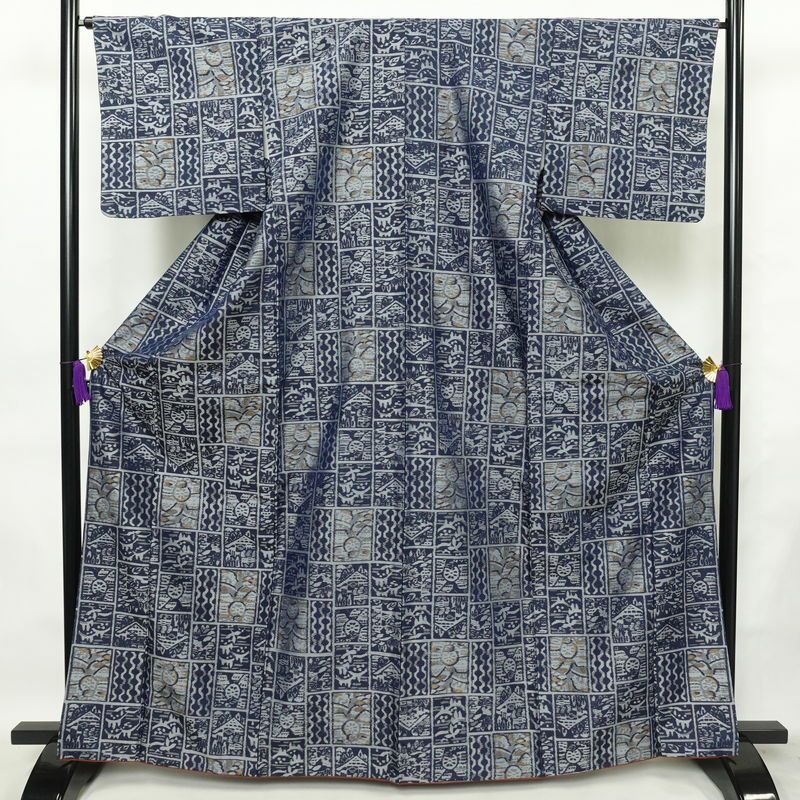 紬 正絹 幾何学柄・抽象柄 袷仕立て 身丈166cm 裄丈66cm 着物 青・紺_画像1