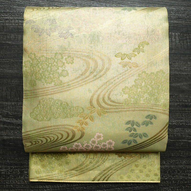 袋帯 六通柄 美品 フォーマル用 正絹 木の葉・植物柄 箔 帯 流水 緑・うぐいす色_画像1