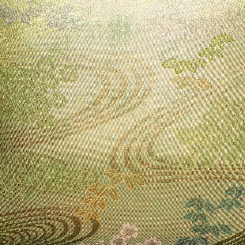 袋帯 六通柄 美品 フォーマル用 正絹 木の葉・植物柄 箔 帯 流水 緑・うぐいす色_画像2