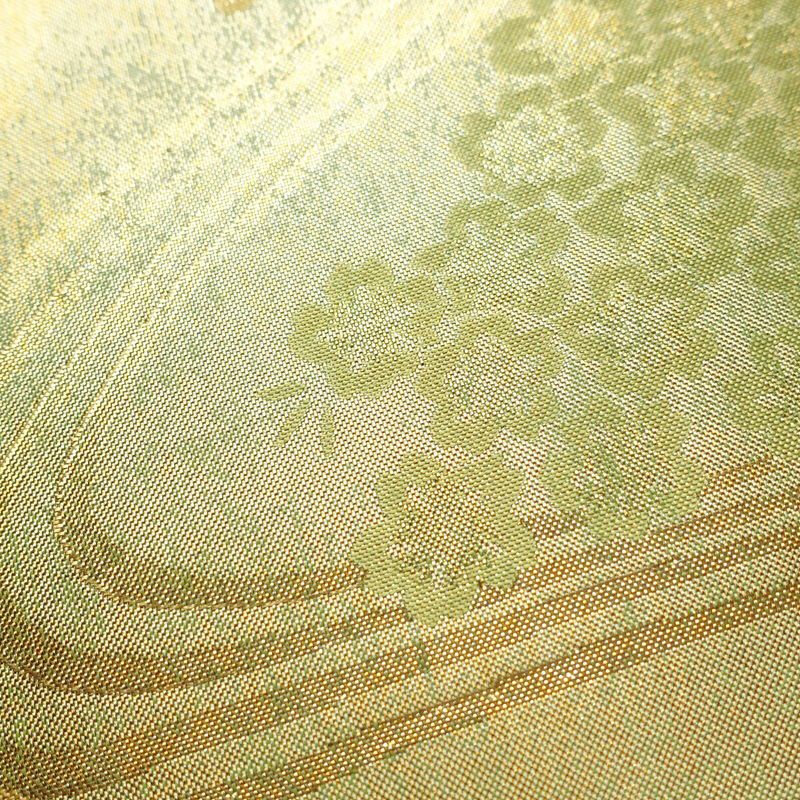 袋帯 六通柄 美品 フォーマル用 正絹 木の葉・植物柄 箔 帯 流水 緑・うぐいす色_画像3