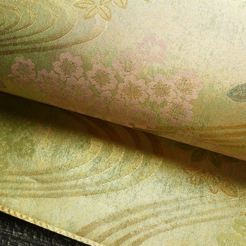 袋帯 六通柄 美品 フォーマル用 正絹 木の葉・植物柄 箔 帯 流水 緑・うぐいす色_画像7