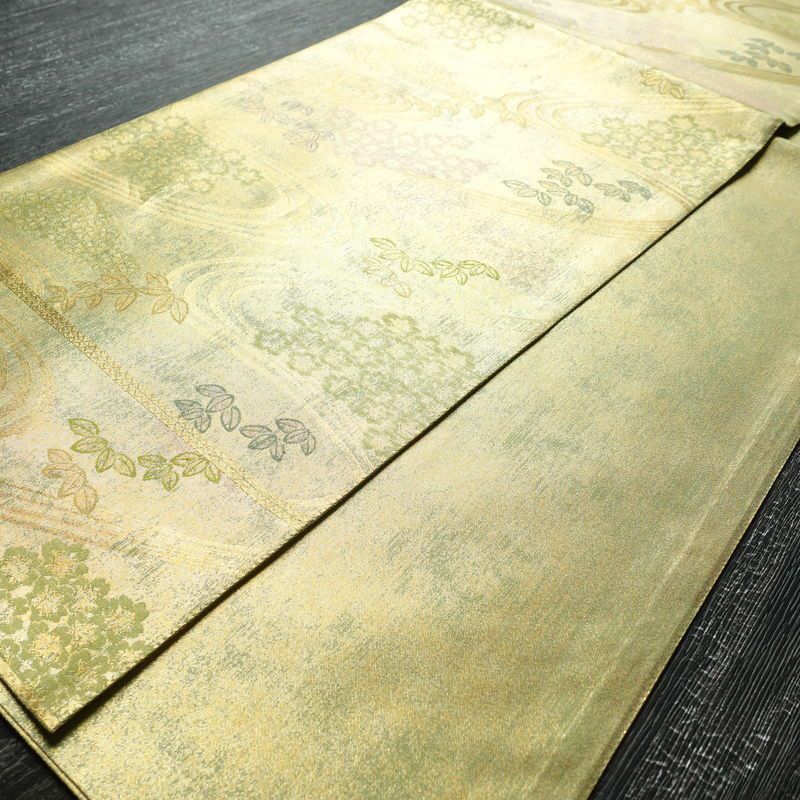 袋帯 六通柄 美品 フォーマル用 正絹 木の葉・植物柄 箔 帯 流水 緑・うぐいす色_画像8