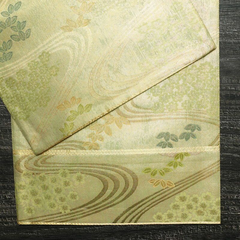 袋帯 六通柄 美品 フォーマル用 正絹 木の葉・植物柄 箔 帯 流水 緑・うぐいす色_画像13