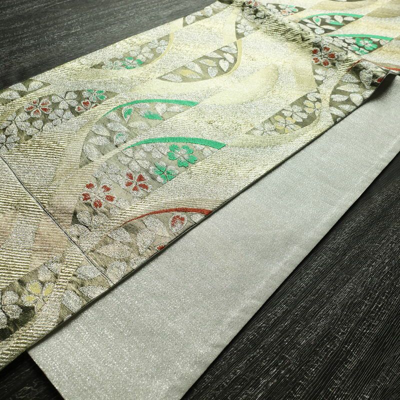 袋帯 未仕立て 六通柄 良品 フォーマル用 正絹 縞柄・線柄 箔 金糸 帯 金・銀_画像8