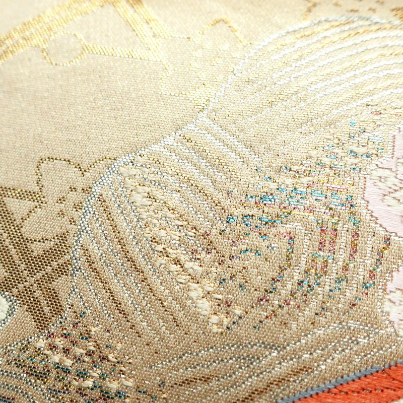 袋帯 全通柄 フォーマル用 正絹 古典柄 箔 金糸 扇子 帯 ベージュ_画像6