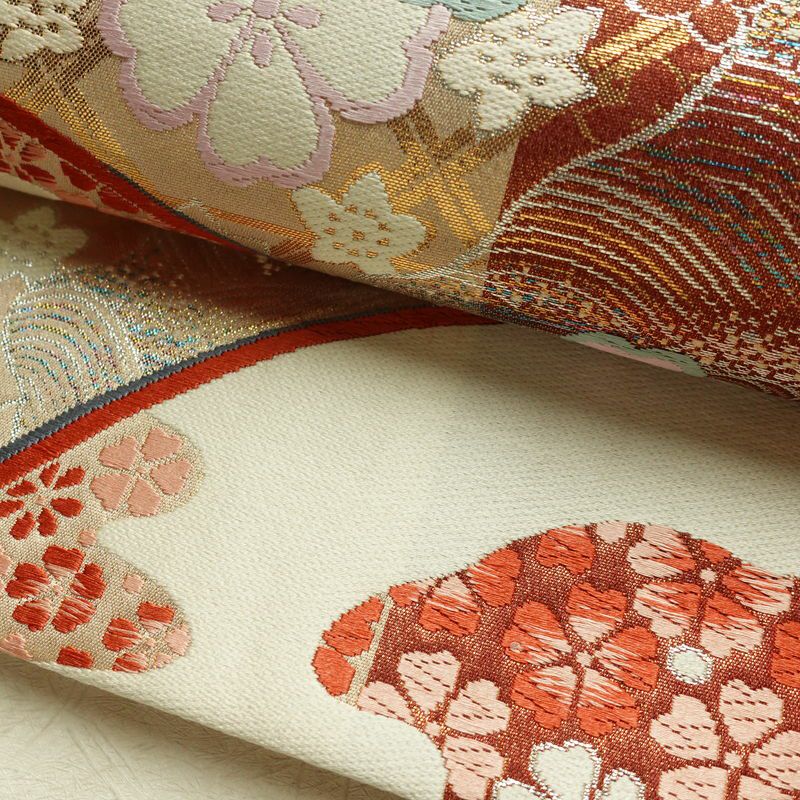 袋帯 全通柄 フォーマル用 正絹 古典柄 箔 金糸 扇子 帯 ベージュ_画像7