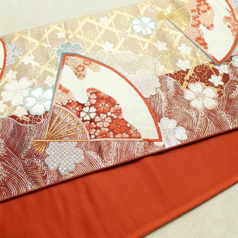 袋帯 全通柄 フォーマル用 正絹 古典柄 箔 金糸 扇子 帯 ベージュ_画像11