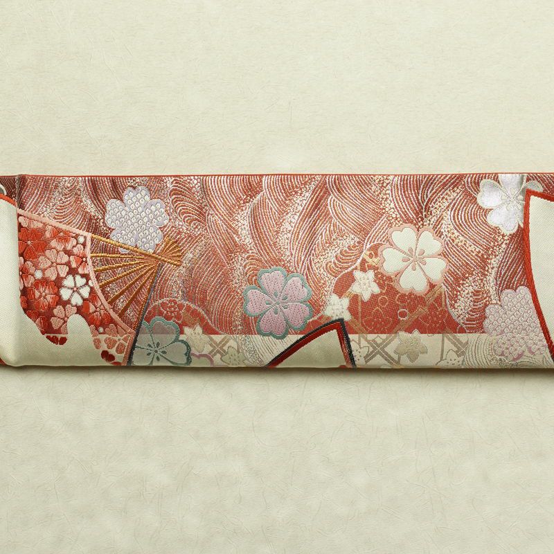 袋帯 全通柄 フォーマル用 正絹 古典柄 箔 金糸 扇子 帯 ベージュ_画像15