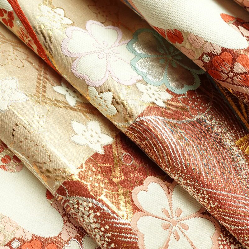 袋帯 全通柄 フォーマル用 正絹 古典柄 箔 金糸 扇子 帯 ベージュ_画像21