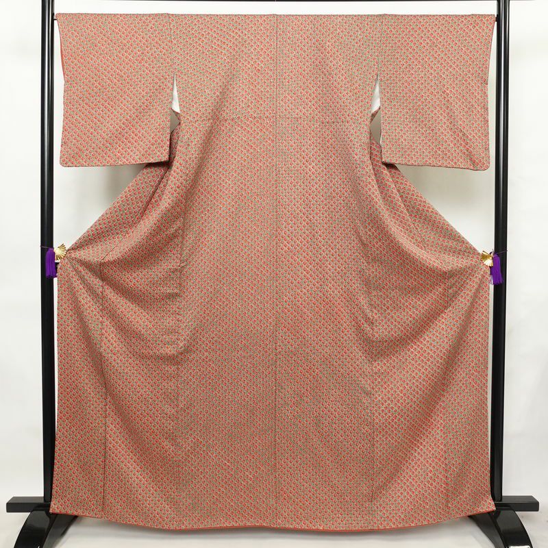 小紋 良品 絞り 総絞り 正絹 古典柄 袷仕立て 身丈164cm 裄丈67.5cm 一部しつけ糸付き 着物 緑・うぐいす色_画像1