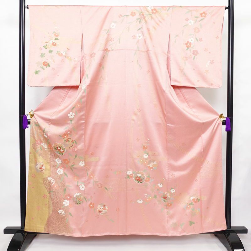 訪問着 良品 しつけ糸付き 正絹 古典柄 袷仕立て 身丈160.5cm 裄丈66cm 箔 共八掛 金彩 フォーマル 着物 ピンク_画像1