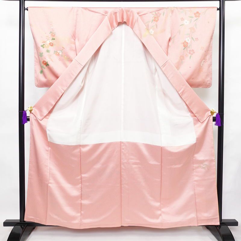 訪問着 良品 しつけ糸付き 正絹 古典柄 袷仕立て 身丈160.5cm 裄丈66cm 箔 共八掛 金彩 フォーマル 着物 ピンク_画像3