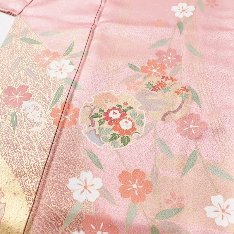 訪問着 良品 しつけ糸付き 正絹 古典柄 袷仕立て 身丈160.5cm 裄丈66cm 箔 共八掛 金彩 フォーマル 着物 ピンク_画像5
