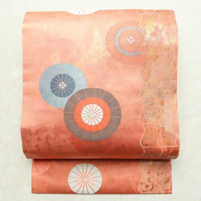 名古屋帯 六通柄 良品 正絹 古典柄 名古屋仕立て 帯 サーモンピンク ピンク