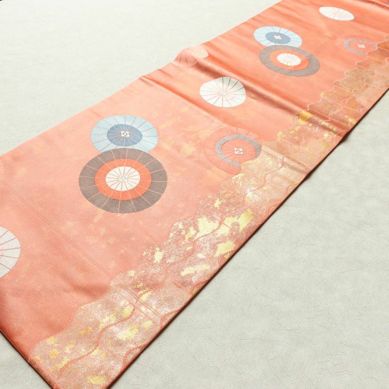 名古屋帯 六通柄 良品 正絹 古典柄 名古屋仕立て 帯 サーモンピンク ピンク_画像9