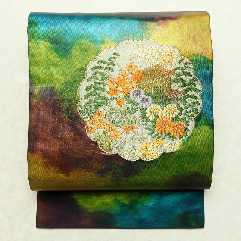 名古屋帯 太鼓柄 正絹 風景柄 名古屋仕立て 金糸 帯 青・紺_画像1