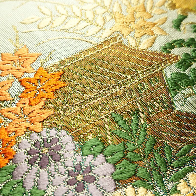 名古屋帯 太鼓柄 正絹 風景柄 名古屋仕立て 金糸 帯 青・紺_画像4