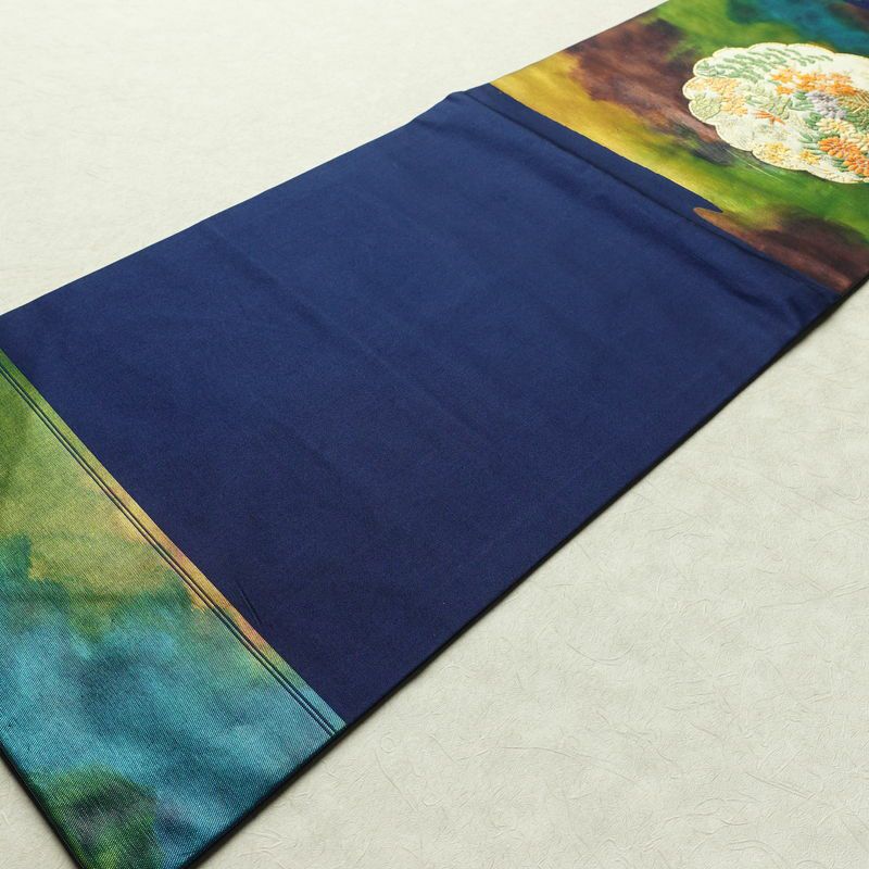 名古屋帯 太鼓柄 正絹 風景柄 名古屋仕立て 金糸 帯 青・紺_画像9