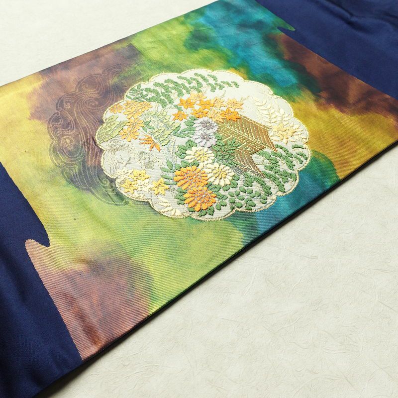 名古屋帯 太鼓柄 正絹 風景柄 名古屋仕立て 金糸 帯 青・紺_画像12