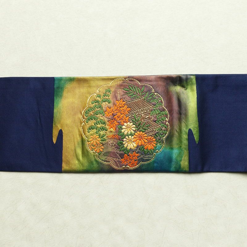 名古屋帯 太鼓柄 正絹 風景柄 名古屋仕立て 金糸 帯 青・紺_画像14