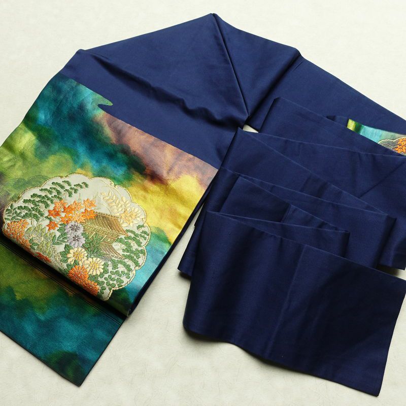名古屋帯 太鼓柄 正絹 風景柄 名古屋仕立て 金糸 帯 青・紺_画像17