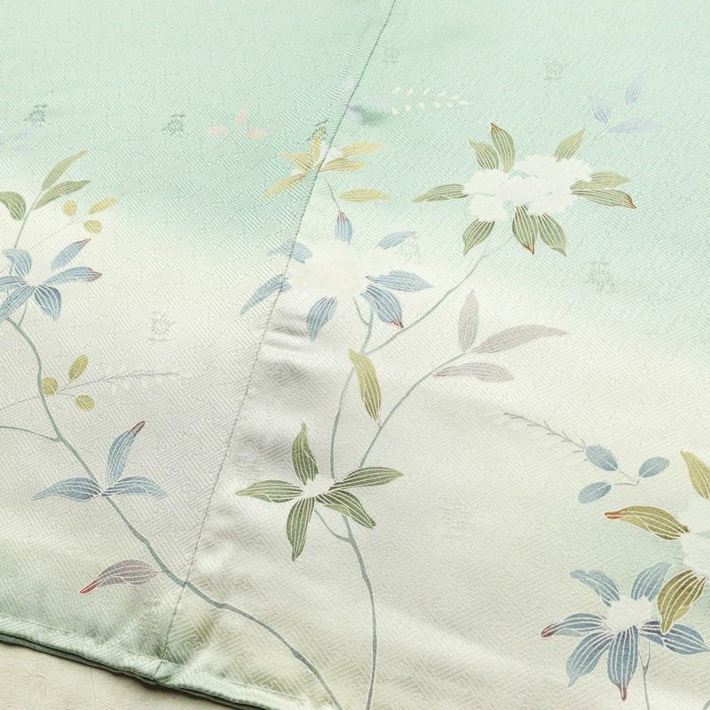 訪問着 良品 しつけ糸付き 綸子 正絹 花柄 袷仕立て 身丈163.5cm 裄丈68cm フォーマル 着物 緑・うぐいす色_画像10