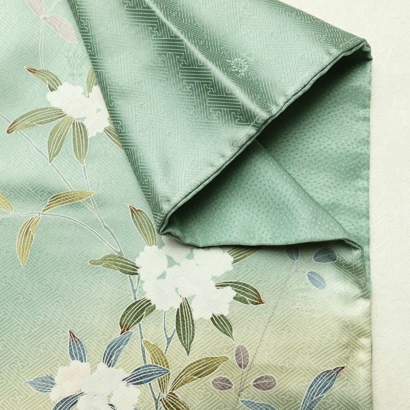 訪問着 良品 しつけ糸付き 綸子 正絹 花柄 袷仕立て 身丈163.5cm 裄丈68cm フォーマル 着物 緑・うぐいす色_画像12