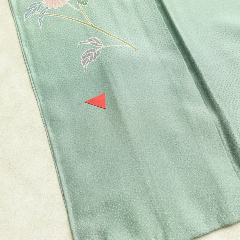 訪問着 良品 しつけ糸付き 綸子 正絹 花柄 袷仕立て 身丈163.5cm 裄丈68cm フォーマル 着物 緑・うぐいす色_画像20