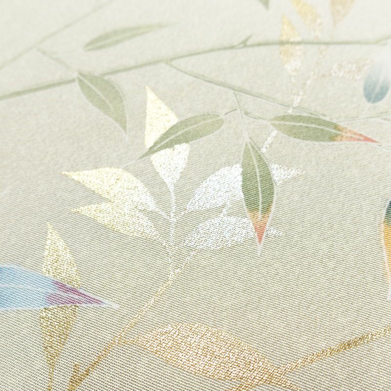 付け下げ 良品 縮緬 正絹 木の葉・植物柄 袷仕立て 身丈160cm 裄丈63.5cm 箔 共八掛 フォーマル 着物 紫・藤色_画像9