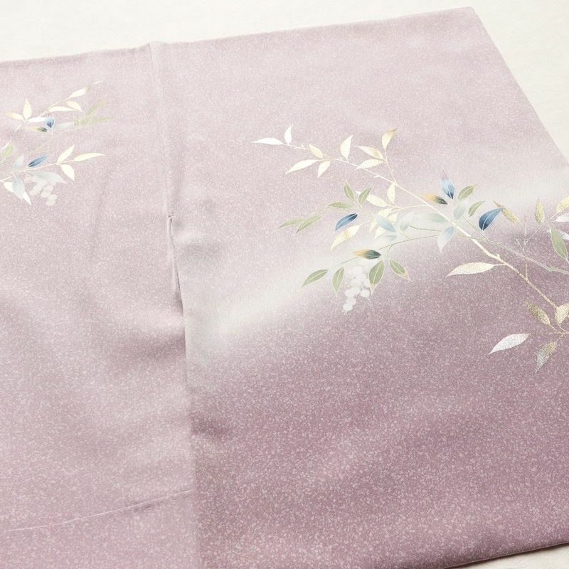 付け下げ 良品 縮緬 正絹 木の葉・植物柄 袷仕立て 身丈160cm 裄丈63.5cm 箔 共八掛 フォーマル 着物 紫・藤色_画像15