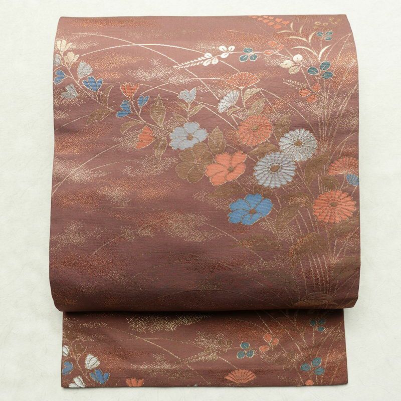 名古屋帯 六通柄 正絹 花柄 名古屋仕立て 菊 萩 箔 帯 小豆・エンジ_画像1