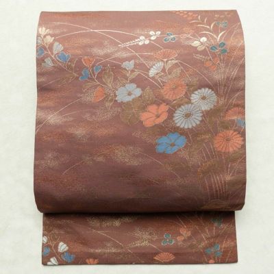 名古屋帯 六通柄 正絹 花柄 名古屋仕立て 菊 萩 箔 帯 小豆・エンジ
