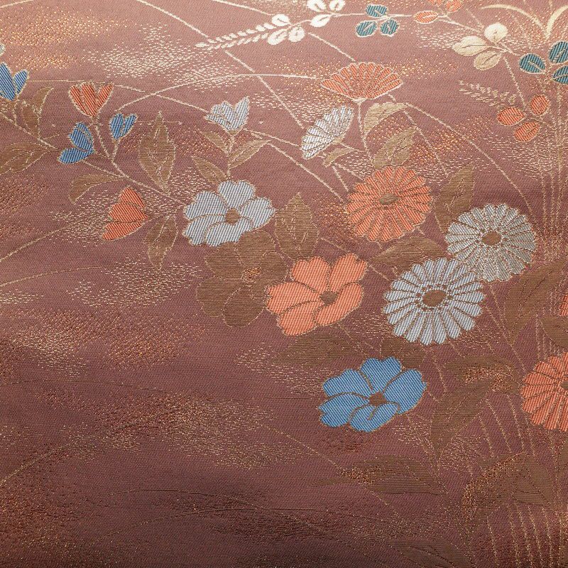 名古屋帯 六通柄 正絹 花柄 名古屋仕立て 菊 萩 箔 帯 小豆・エンジ_画像2
