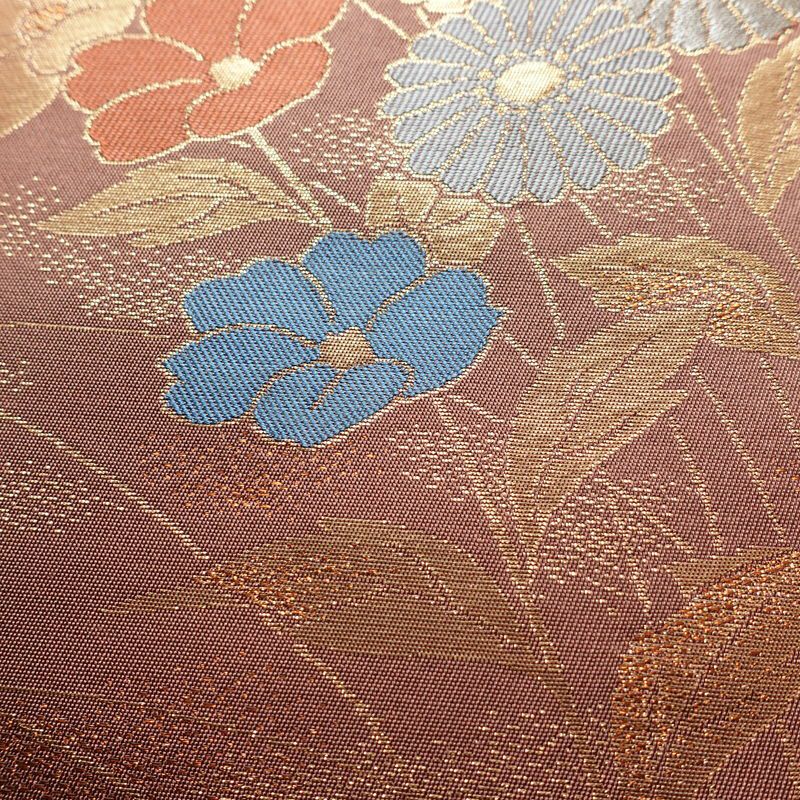 名古屋帯 六通柄 正絹 花柄 名古屋仕立て 菊 萩 箔 帯 小豆・エンジ_画像3