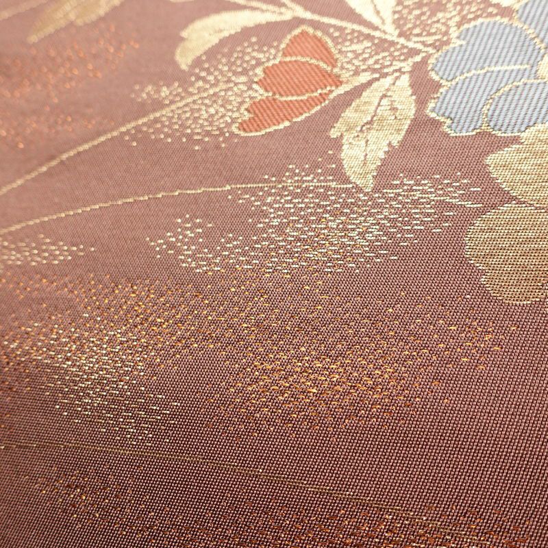 名古屋帯 六通柄 正絹 花柄 名古屋仕立て 菊 萩 箔 帯 小豆・エンジ_画像6