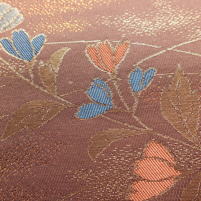 名古屋帯 六通柄 正絹 花柄 名古屋仕立て 菊 萩 箔 帯 小豆・エンジ_画像7