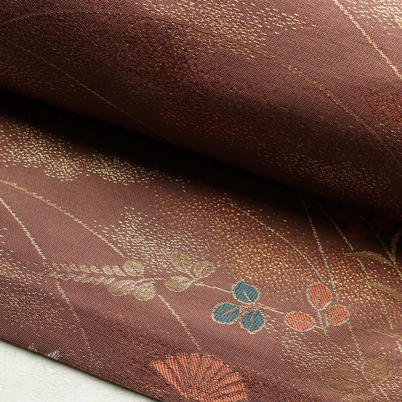 名古屋帯 六通柄 正絹 花柄 名古屋仕立て 菊 萩 箔 帯 小豆・エンジ_画像8