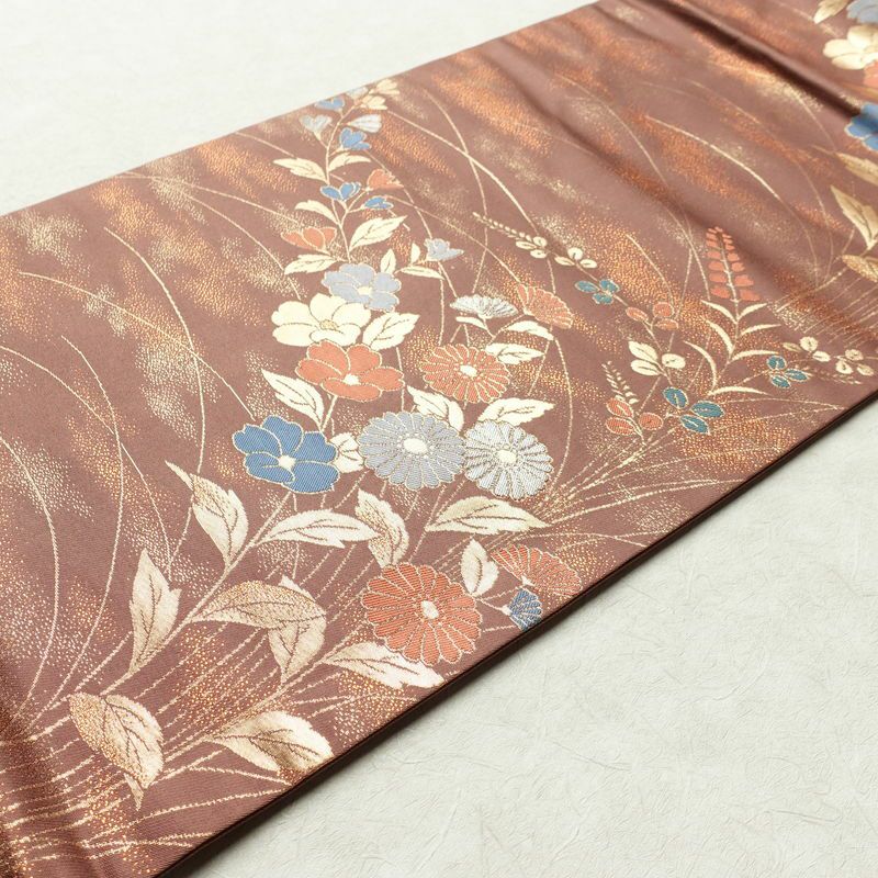 名古屋帯 六通柄 正絹 花柄 名古屋仕立て 菊 萩 箔 帯 小豆・エンジ_画像11