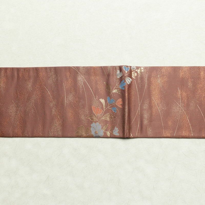 名古屋帯 六通柄 正絹 花柄 名古屋仕立て 菊 萩 箔 帯 小豆・エンジ_画像13