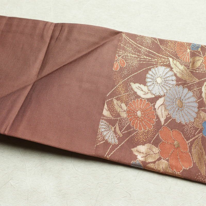名古屋帯 六通柄 正絹 花柄 名古屋仕立て 菊 萩 箔 帯 小豆・エンジ_画像15