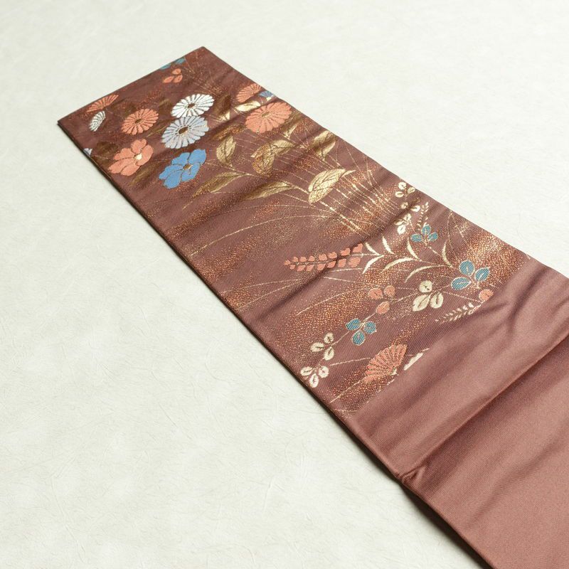 名古屋帯 六通柄 正絹 花柄 名古屋仕立て 菊 萩 箔 帯 小豆・エンジ_画像16